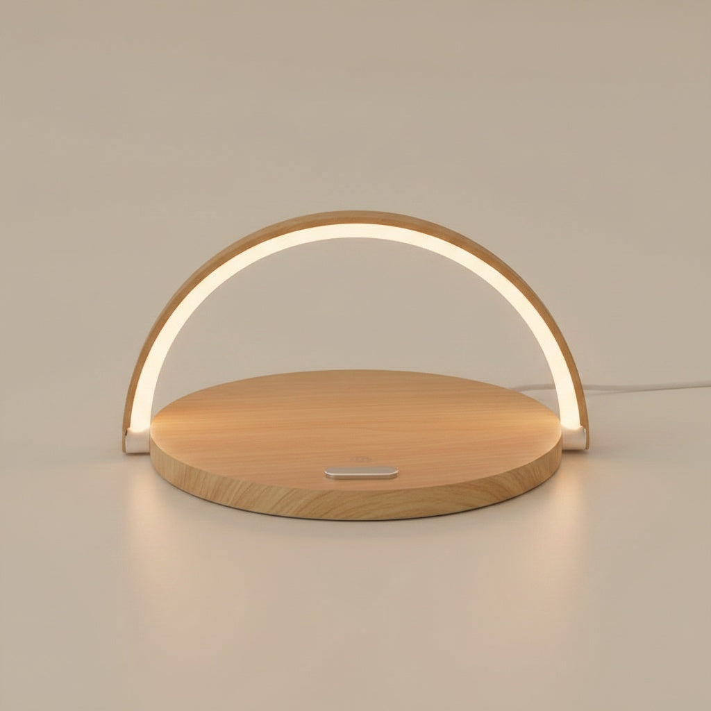 Mizuvo arc LED lamp in wood grain, three-quarter view
