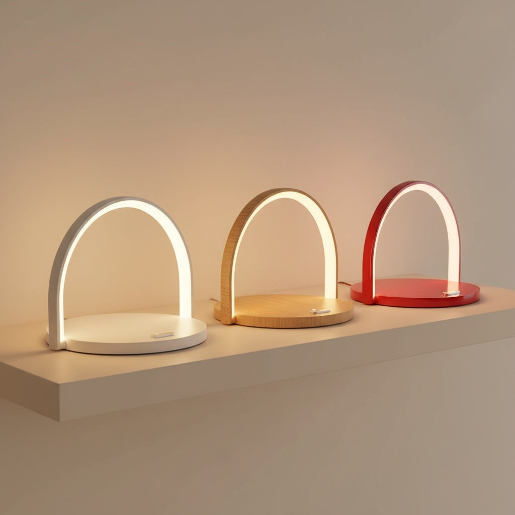 All three colours of the Mizuvo lamp: white, wood and red