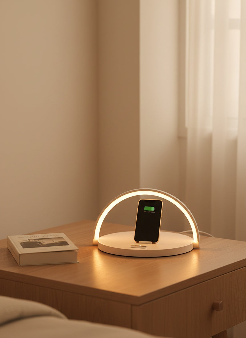 Tidy nightstand with the lamp after