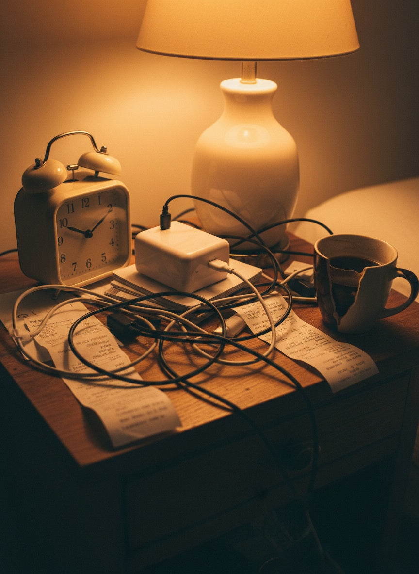Cluttered nightstand with tangled cables before