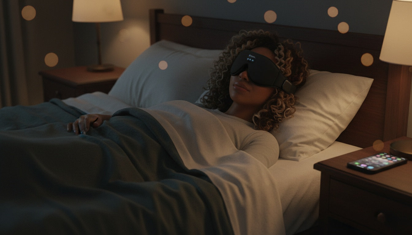 Asleep wearing the Mizuvo Bluetooth sleep mask