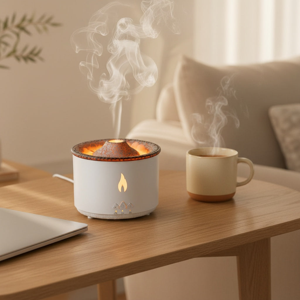 Flame diffuser on a dark desk at night