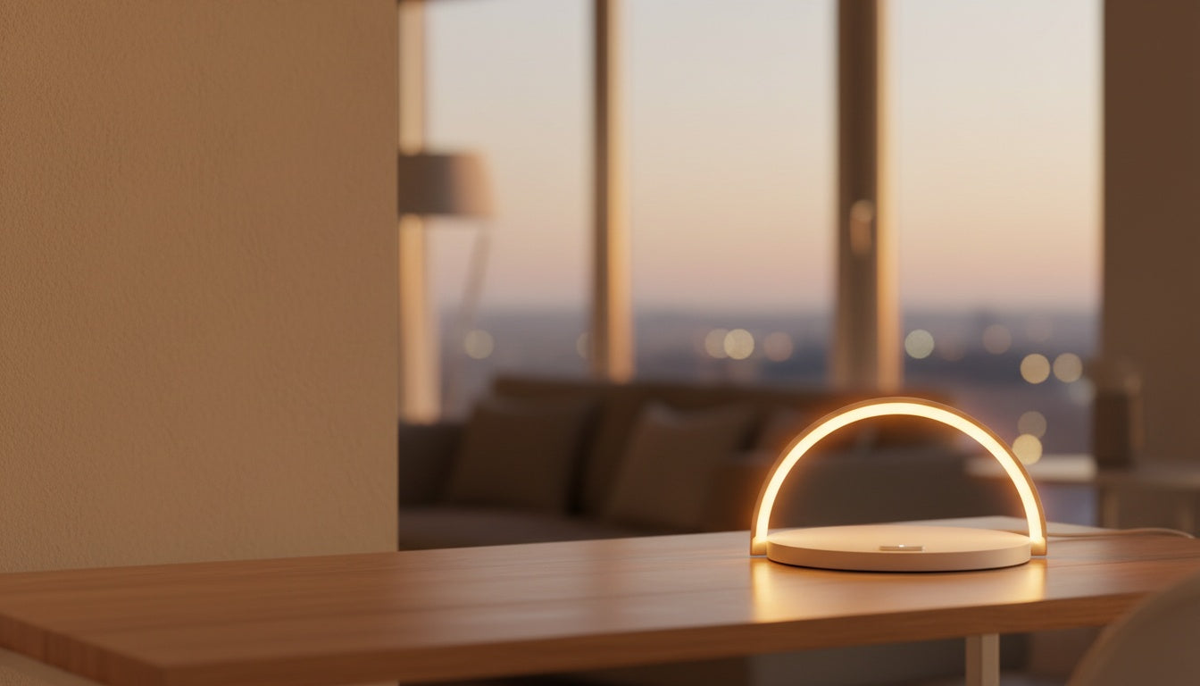 Mizuvo arc lamp glowing warm on a desk at dusk