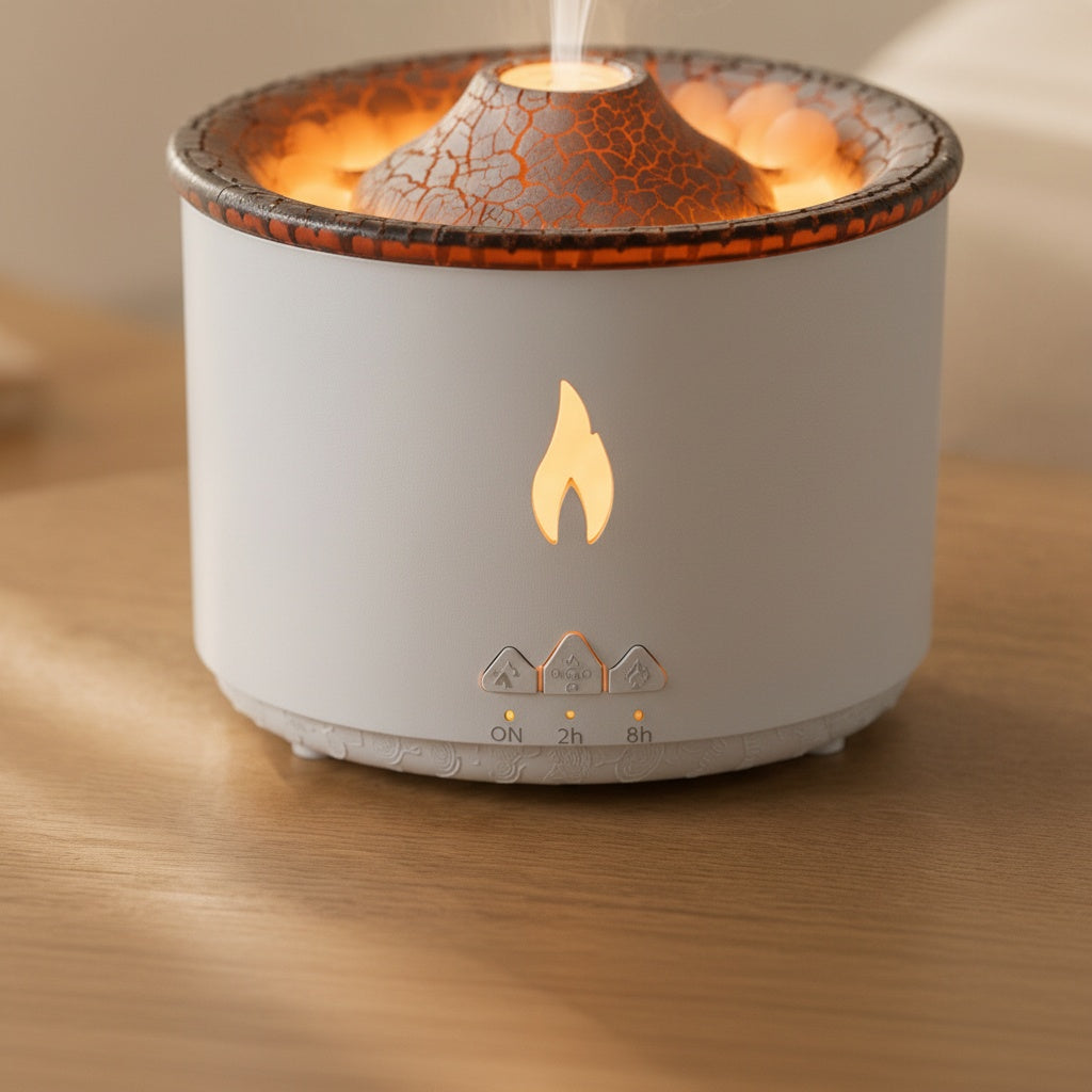 Detail of the amber flame-shaped cut-out and ON 2h 8h touch controls