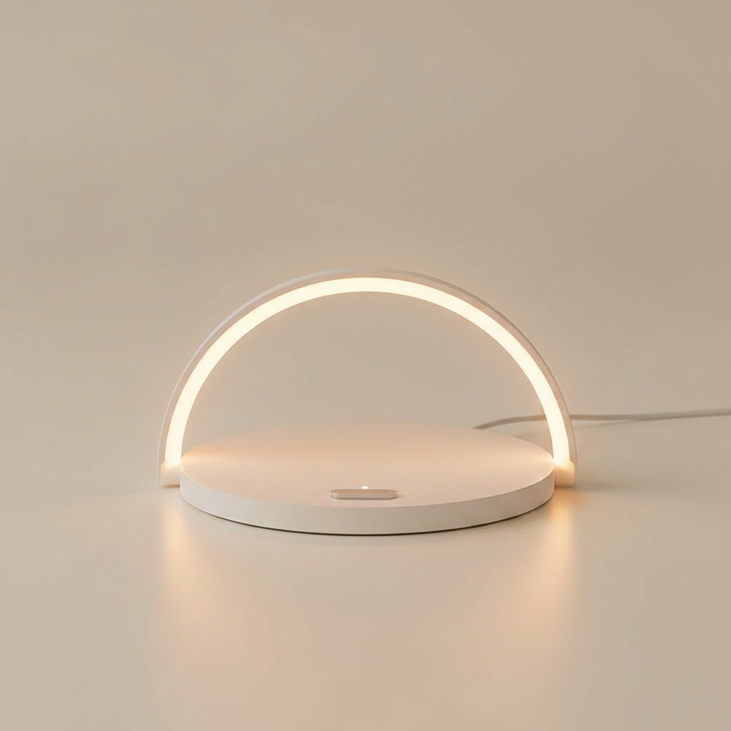 Mizuvo arc LED lamp in white, three-quarter view, warm glow