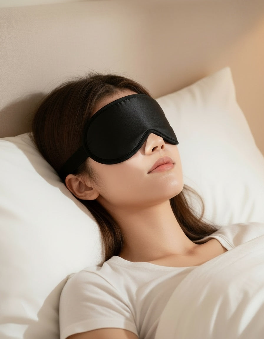 A typical flat sleep mask pressing against closed eyes