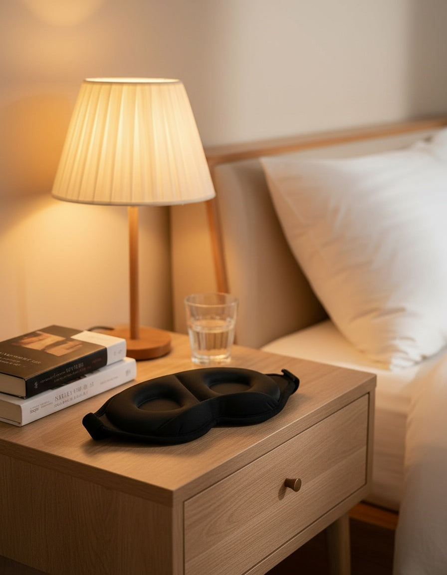 The sleep mask resting on a nightstand beside a lamp