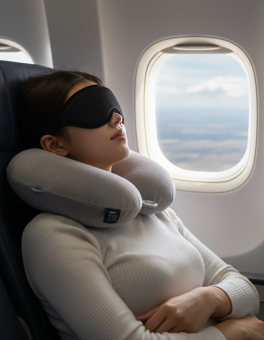 Resting on a plane wearing the sleep mask