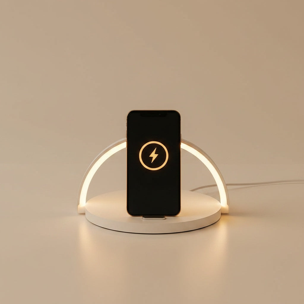 Phone charging upright on the Mizuvo lamp base