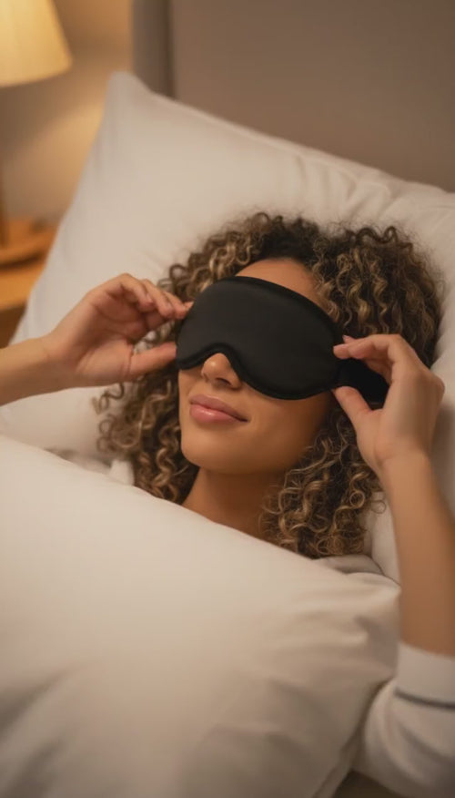 Valerie lying down and putting on the 3D contour sleep mask
