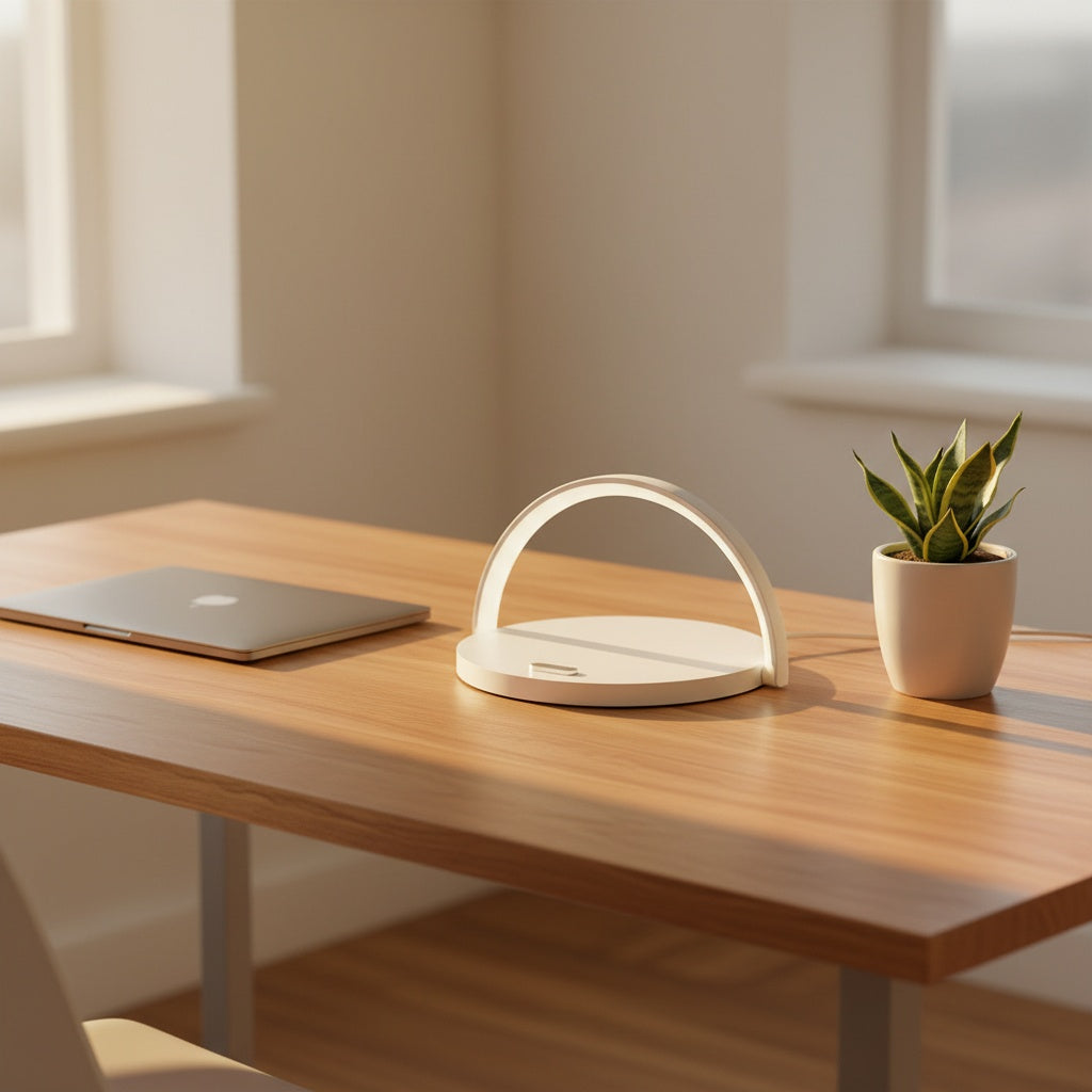Mizuvo lamp switched off on a minimalist oak desk in daylight