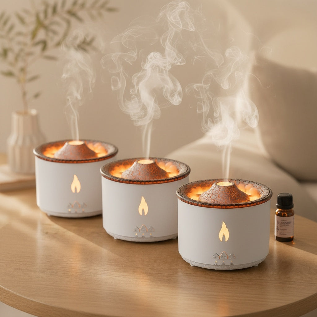 Three flame diffusers in a row with an essential oil bottle