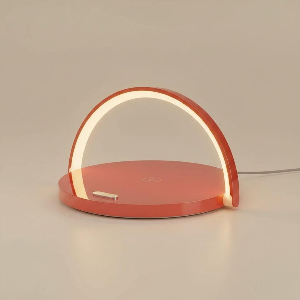 Mizuvo arc LED lamp in red, three-quarter view